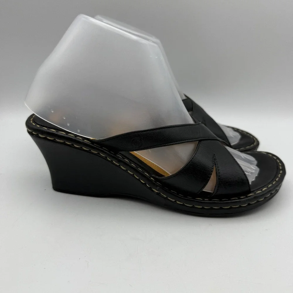 Born Wedge Sandals Women 8 Black Leather Crisscross Slide B3430 Casual